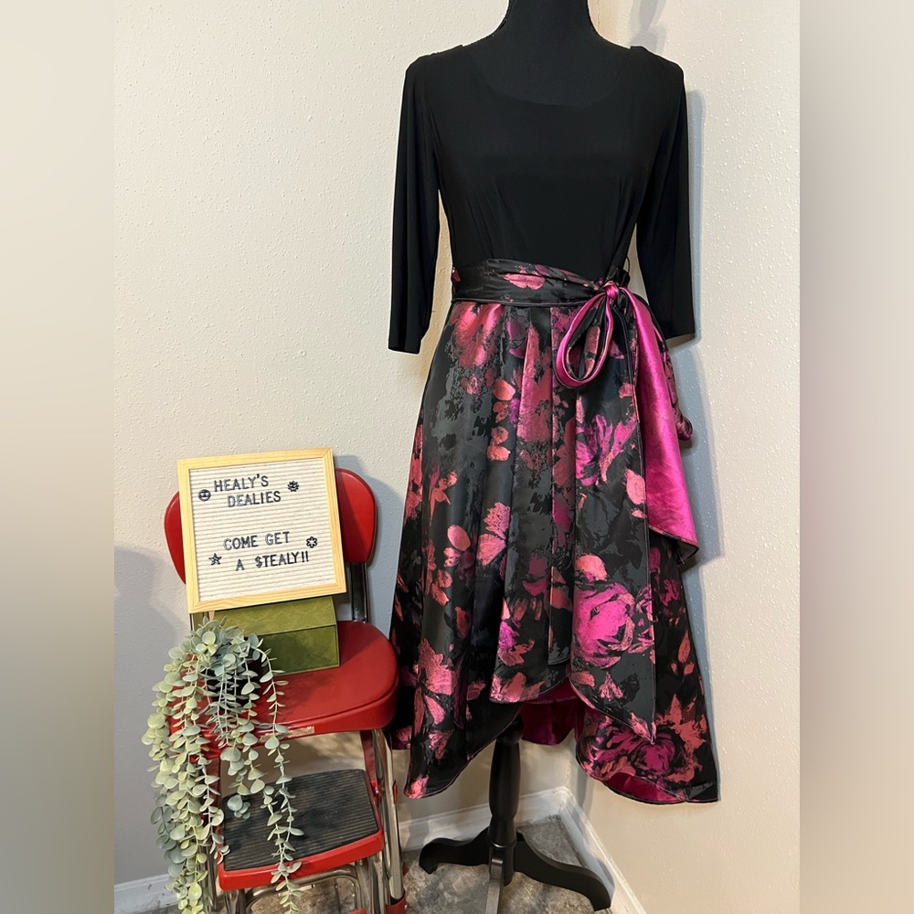 R & M Richards Black and Hot Pink Floral Satin Wrap Dress